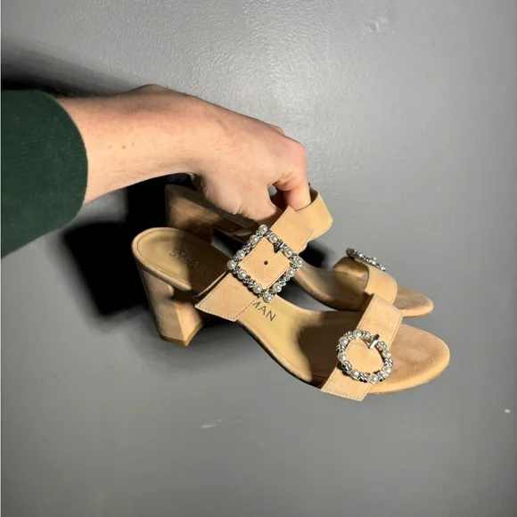 Stuart Weitzman Pearl Geo Buckle Suede Heeled Sandals Womens Size 8 - Picture 2 of 8